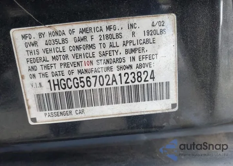 2002 Honda Accord 2.3 Se из США, поврежденный, VIN 1HGCG56702A123824